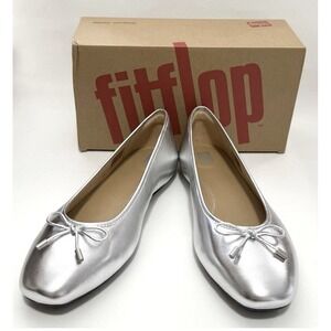 FitFlop‎ Ballerina Mary Jane Flats Women's Size 6 Silver Leather Delicato Bow